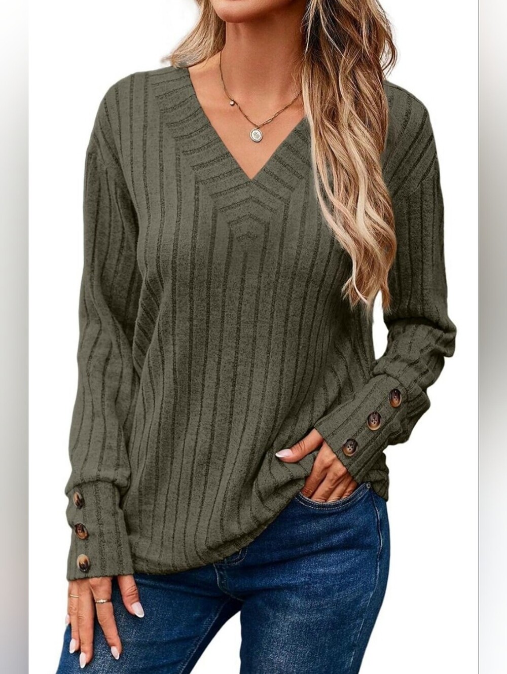 Wiholl V-Neck Ribbed Button Cuff Sweater